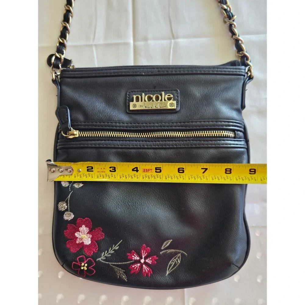 Nicole Miller Black Faux Leather‎ Crossbody Bag Floral Embroidery Chain Strap